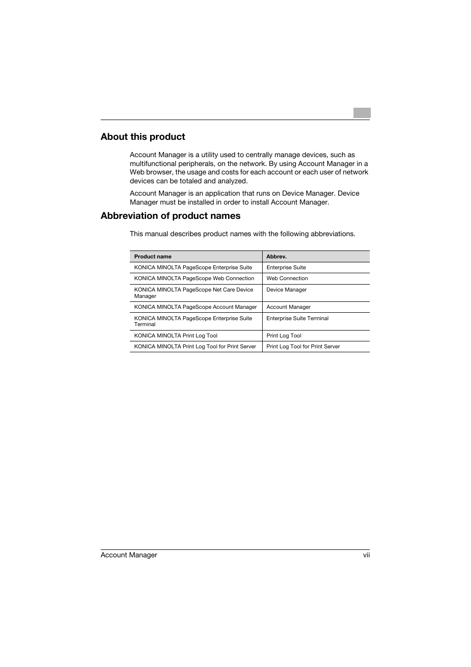 About this product, Abbreviation of product names | Konica Minolta PageScope Enterprise Suite User Manual | Page 8 / 203