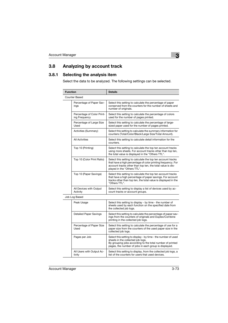 8 analyzing by account track, 1 selecting the analysis item, Analyzing by account track -73 | Selecting the analysis item -73 | Konica Minolta PageScope Enterprise Suite User Manual | Page 88 / 203