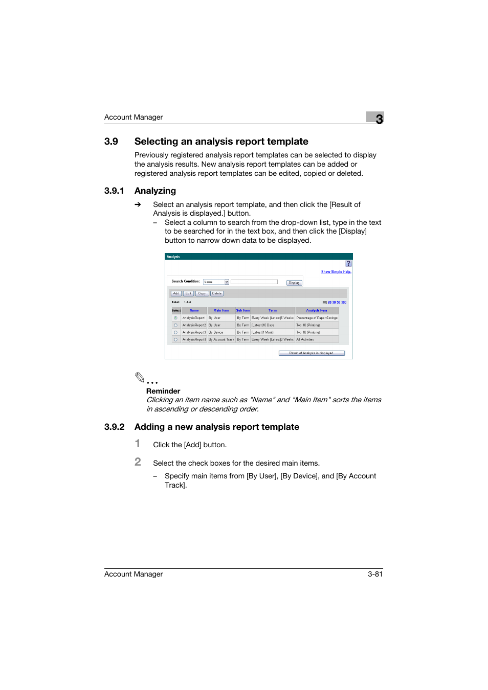 9 selecting an analysis report template, 1 analyzing, 2 adding a new analysis report template | Selecting an analysis report template -81, Analyzing -81, Adding a new analysis report template -81 | Konica Minolta PageScope Enterprise Suite User Manual | Page 96 / 203