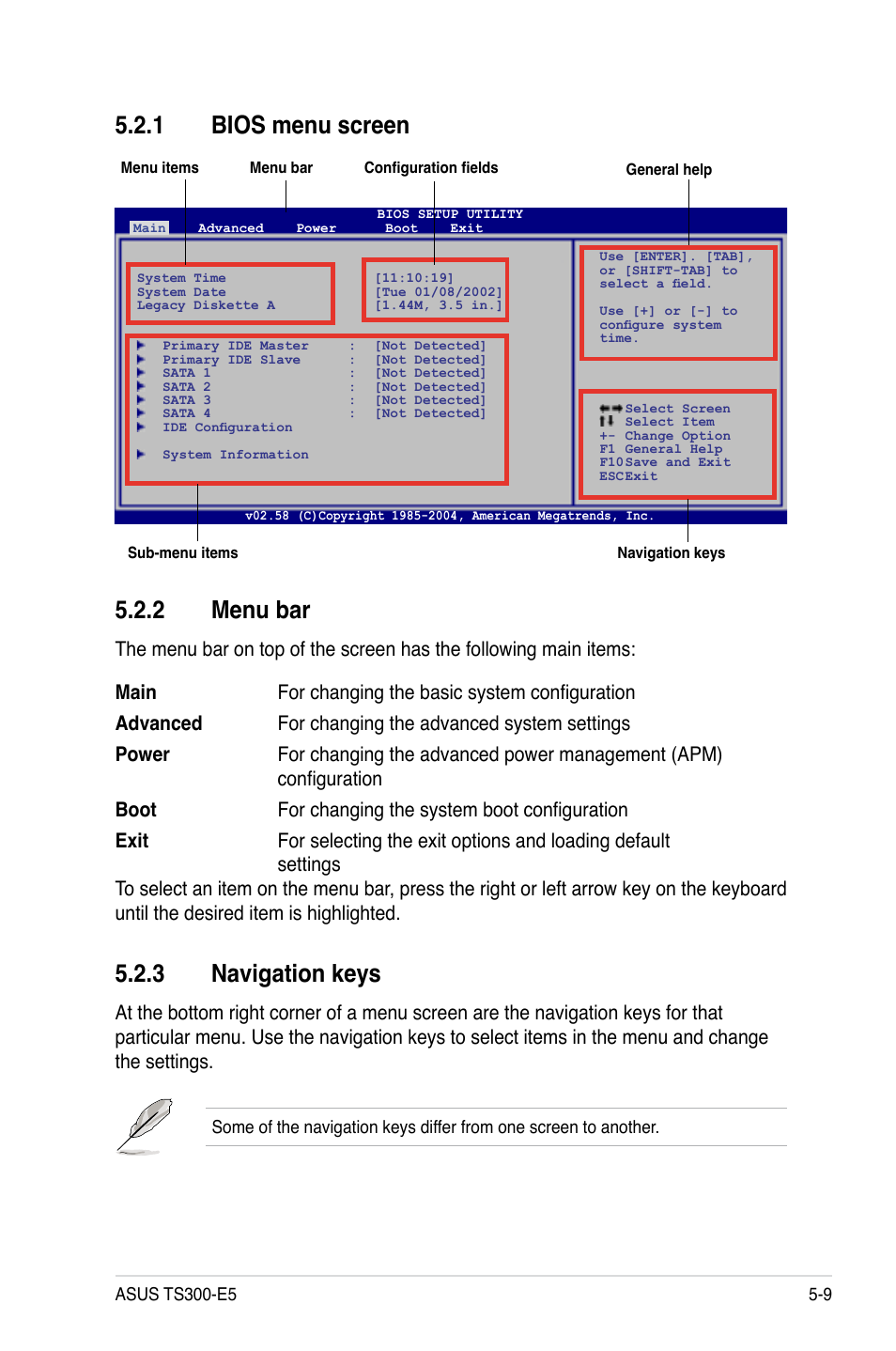 1 bios menu screen, 2 menu bar, 3 navigation keys | Bios menu screen -9, Menu bar -9, Navigation keys -9 | Asus TS300-E5 User Manual | Page 101 / 218