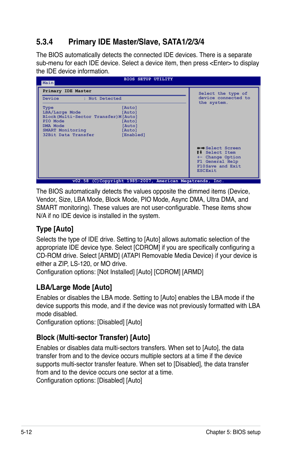 4 primary ide master/slave, sata1/2/3/4, Primary ide master/slave, sata1/2/3/4 -12, Type [auto | Lba/large mode [auto, Block (multi-sector transfer) [auto | Asus TS300-E5 User Manual | Page 104 / 218