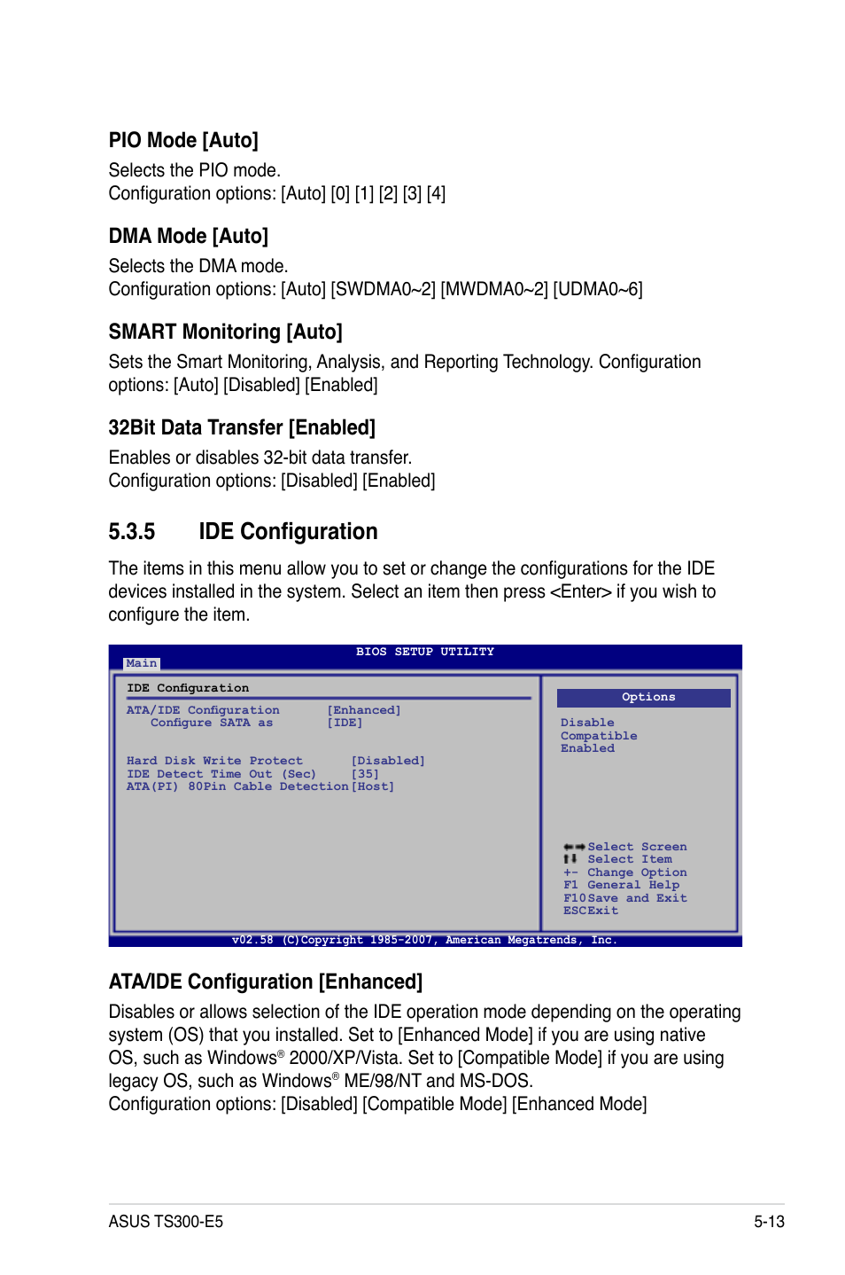 5 ide configuration, Ide configuration -13, Pio mode [auto | Dma mode [auto, Smart monitoring [auto, 32bit data transfer [enabled, Ata/ide configuration [enhanced | Asus TS300-E5 User Manual | Page 105 / 218