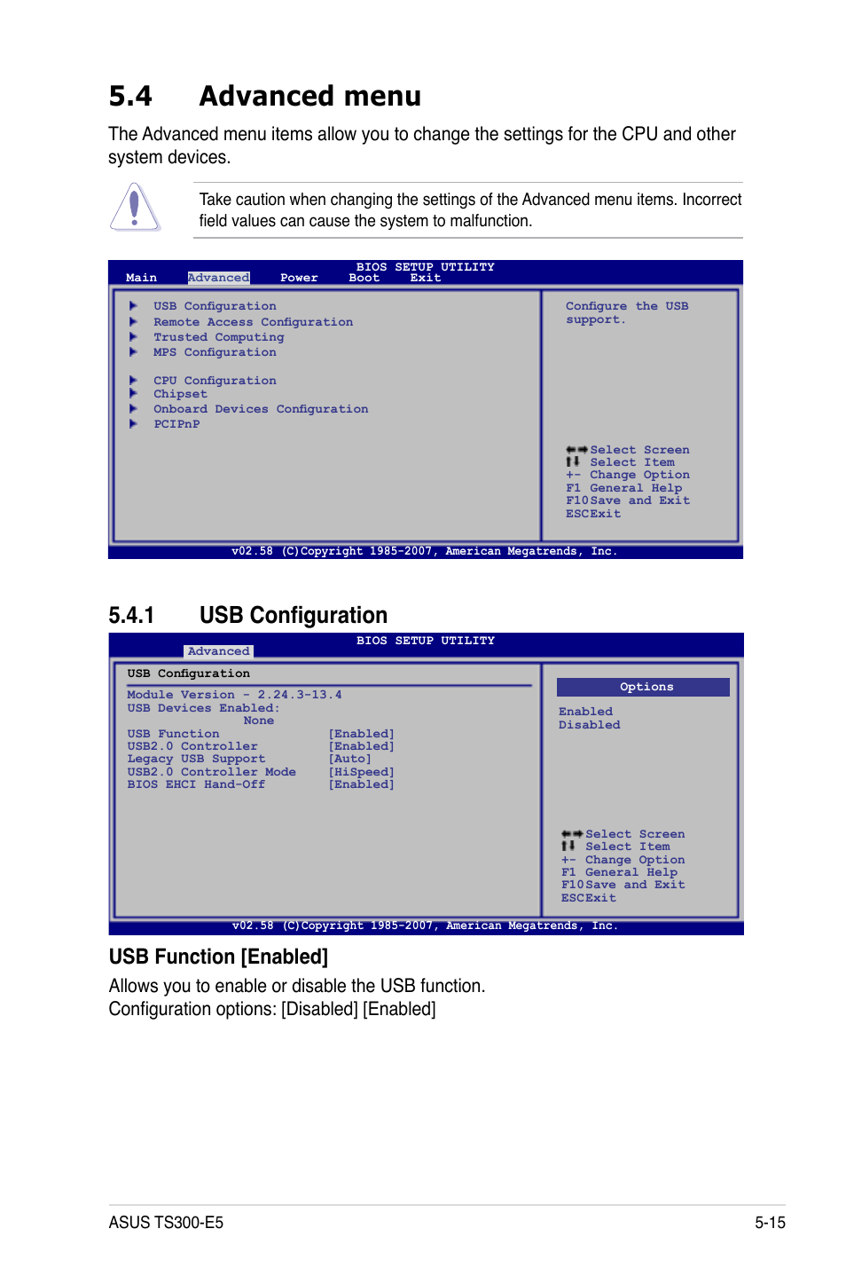 4 advanced menu, 1 usb configuration, Advanced menu -15 5.4.1 | Usb configuration -15, Usb function [enabled | Asus TS300-E5 User Manual | Page 107 / 218