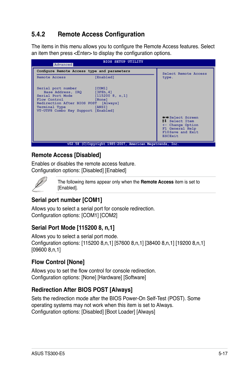 2 remote access configuration, Remote access configuration -17, Remote access [disabled | Serial port number [com1, Flow control [none, Redirection after bios post [always | Asus TS300-E5 User Manual | Page 109 / 218