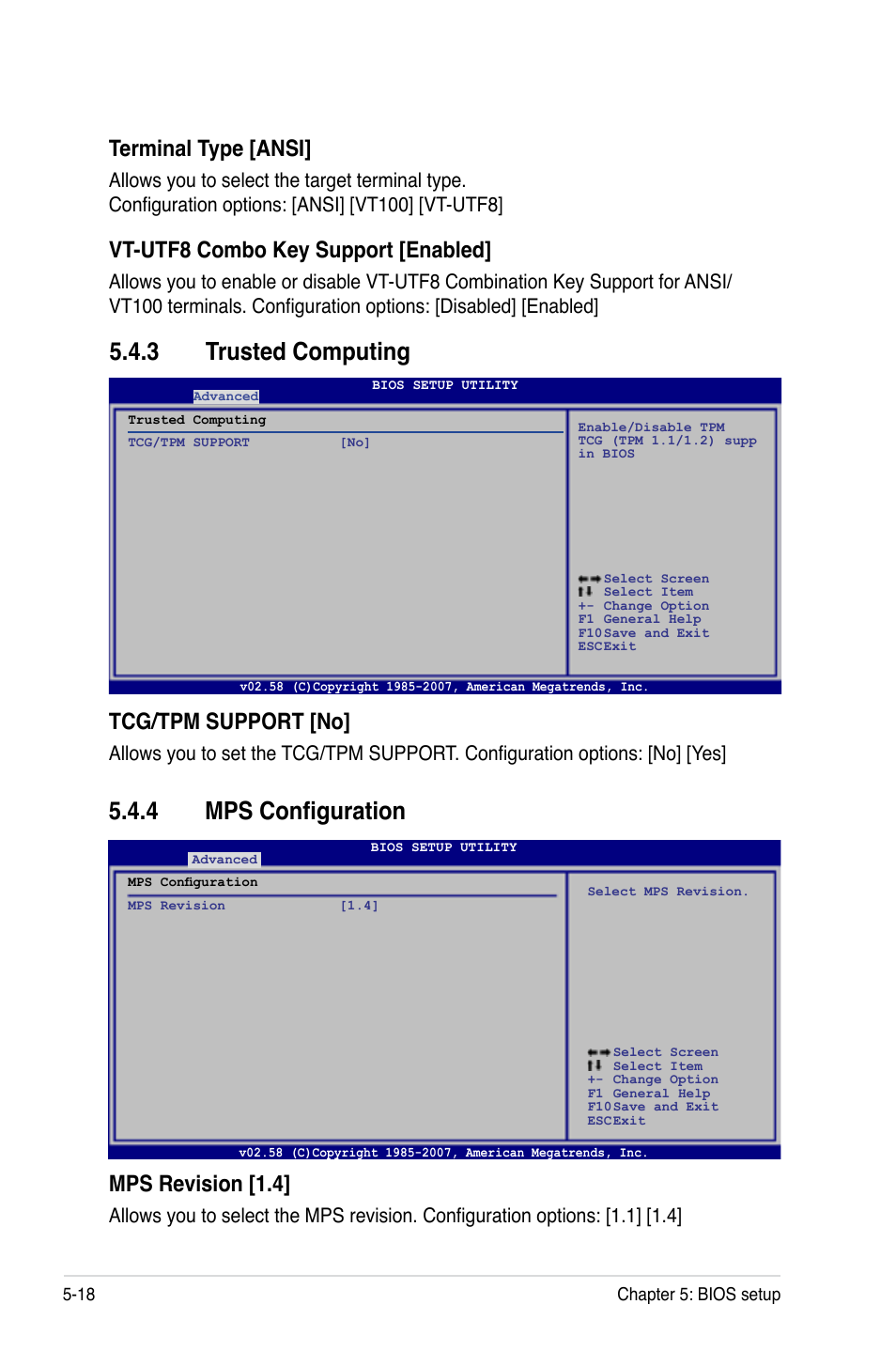 3 trusted computing, 4 mps configuration, Trusted computing -18 | Mps configuration -18, 3 trusted computing 5.4.4 mps configuration, Terminal type [ansi, Vt-utf8 combo key support [enabled, Tcg/tpm support [no, Mps revision [1.4 | Asus TS300-E5 User Manual | Page 110 / 218