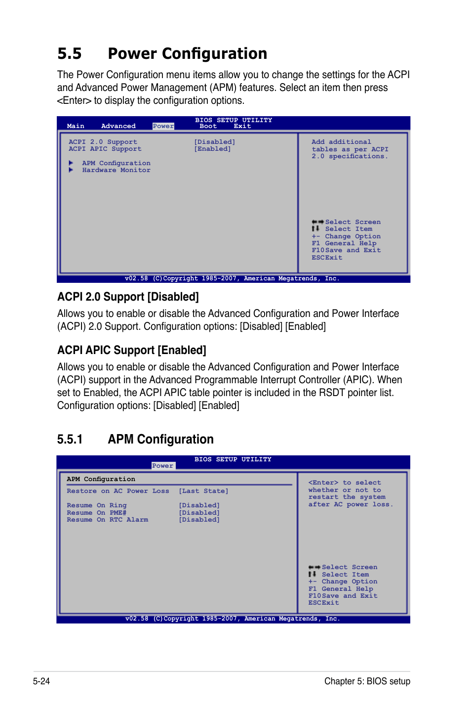 5 power configuration, 1 apm configuration, Power configuration -24 5.5.1 | Apm configuration -24, Acpi 2.0 support [disabled, Acpi apic support [enabled | Asus TS300-E5 User Manual | Page 116 / 218