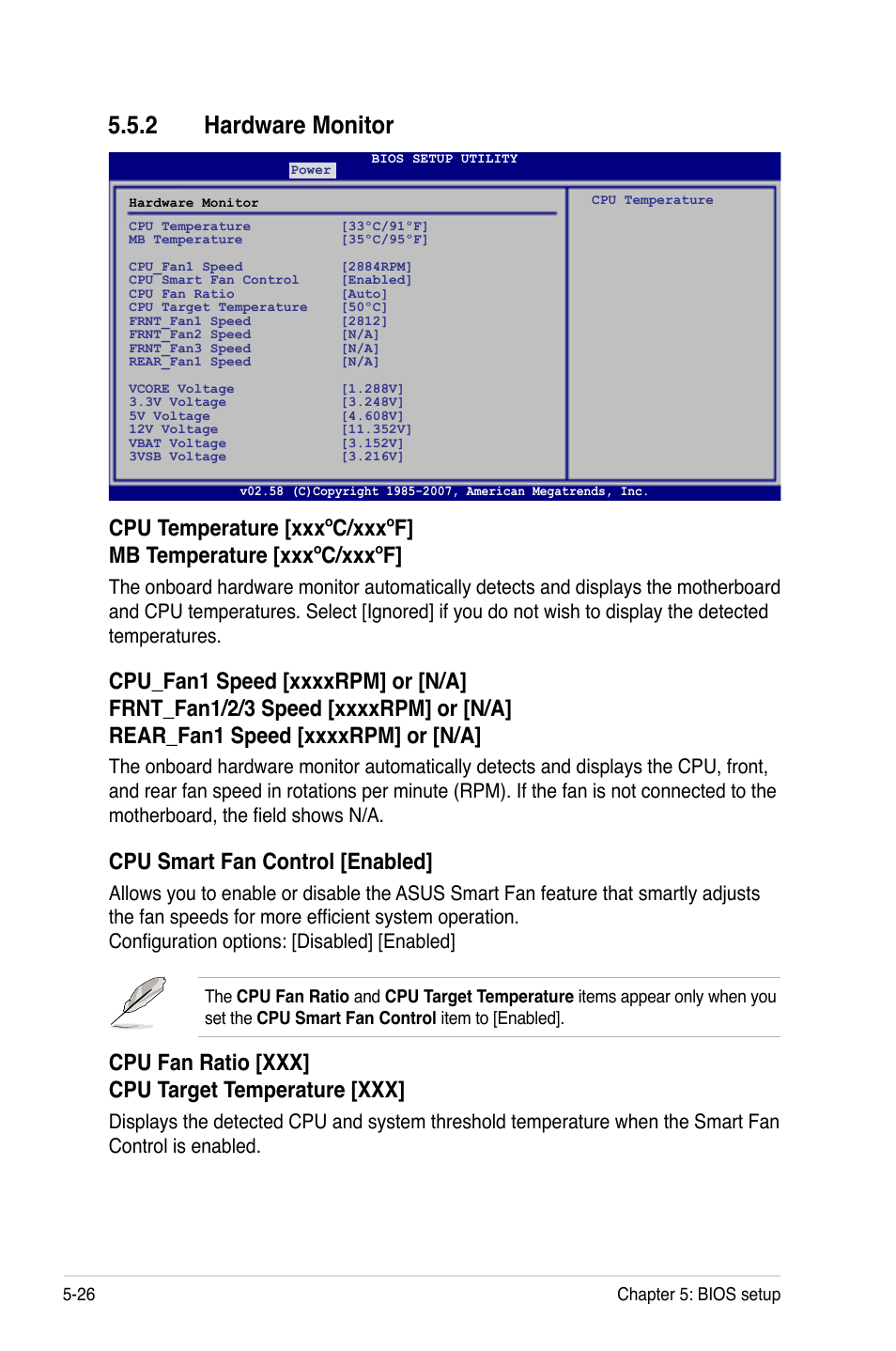 2 hardware monitor, Hardware monitor -26, Cpu smart fan control [enabled | Cpu fan ratio [xxx] cpu target temperature [xxx | Asus TS300-E5 User Manual | Page 118 / 218