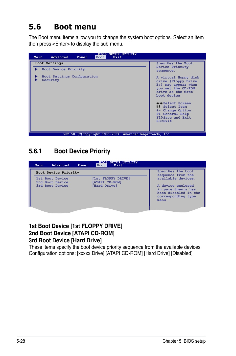 6 boot menu, 1 boot device priority, Boot menu -28 5.6.1 | Boot device priority -28 | Asus TS300-E5 User Manual | Page 120 / 218