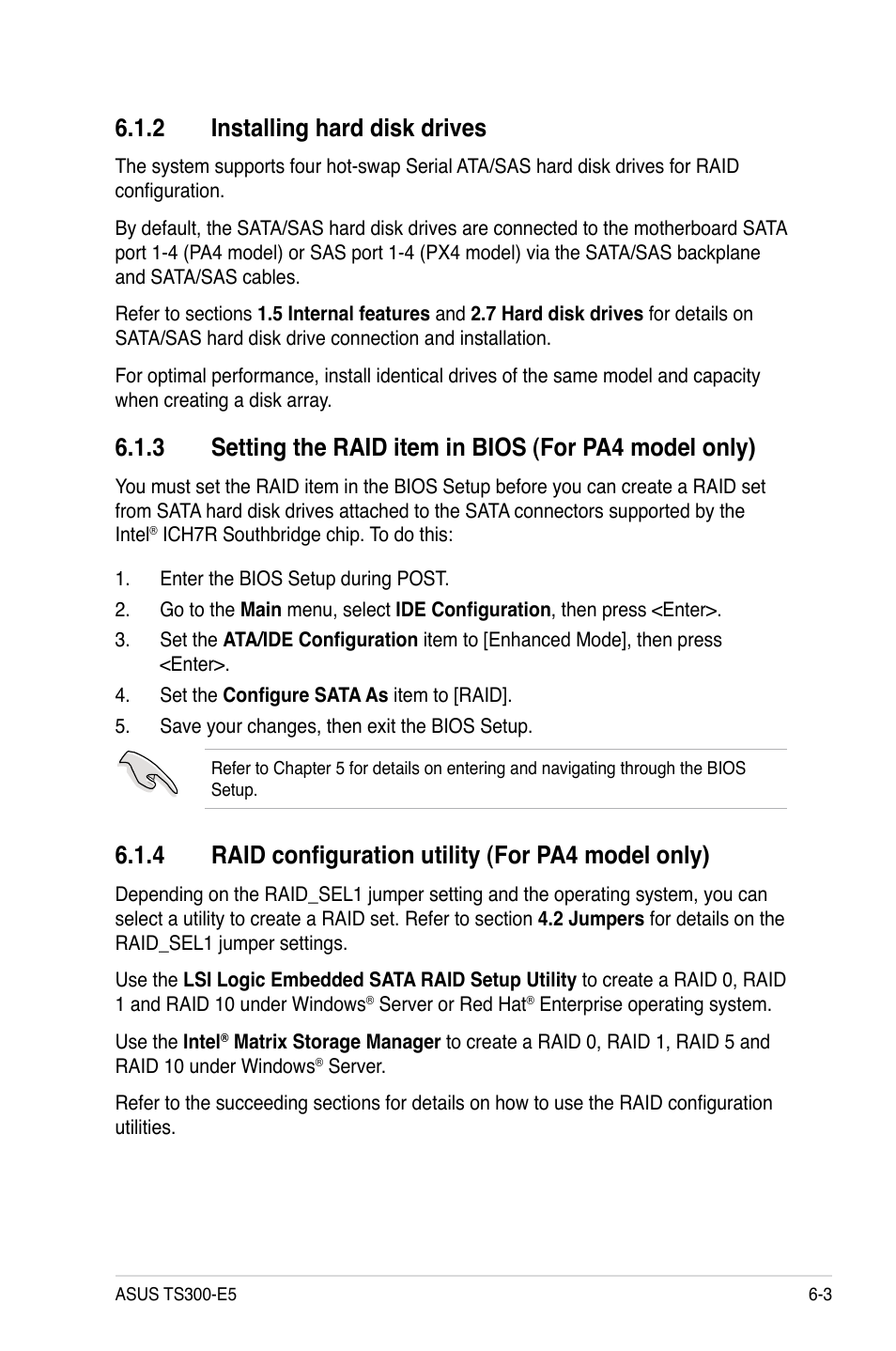 2 installing hard disk drives, 4 raid configuration utility (for pa4 model only), Installing hard disk drives -3 | Raid configuration utility (for pa4 model only) -3 | Asus TS300-E5 User Manual | Page 129 / 218