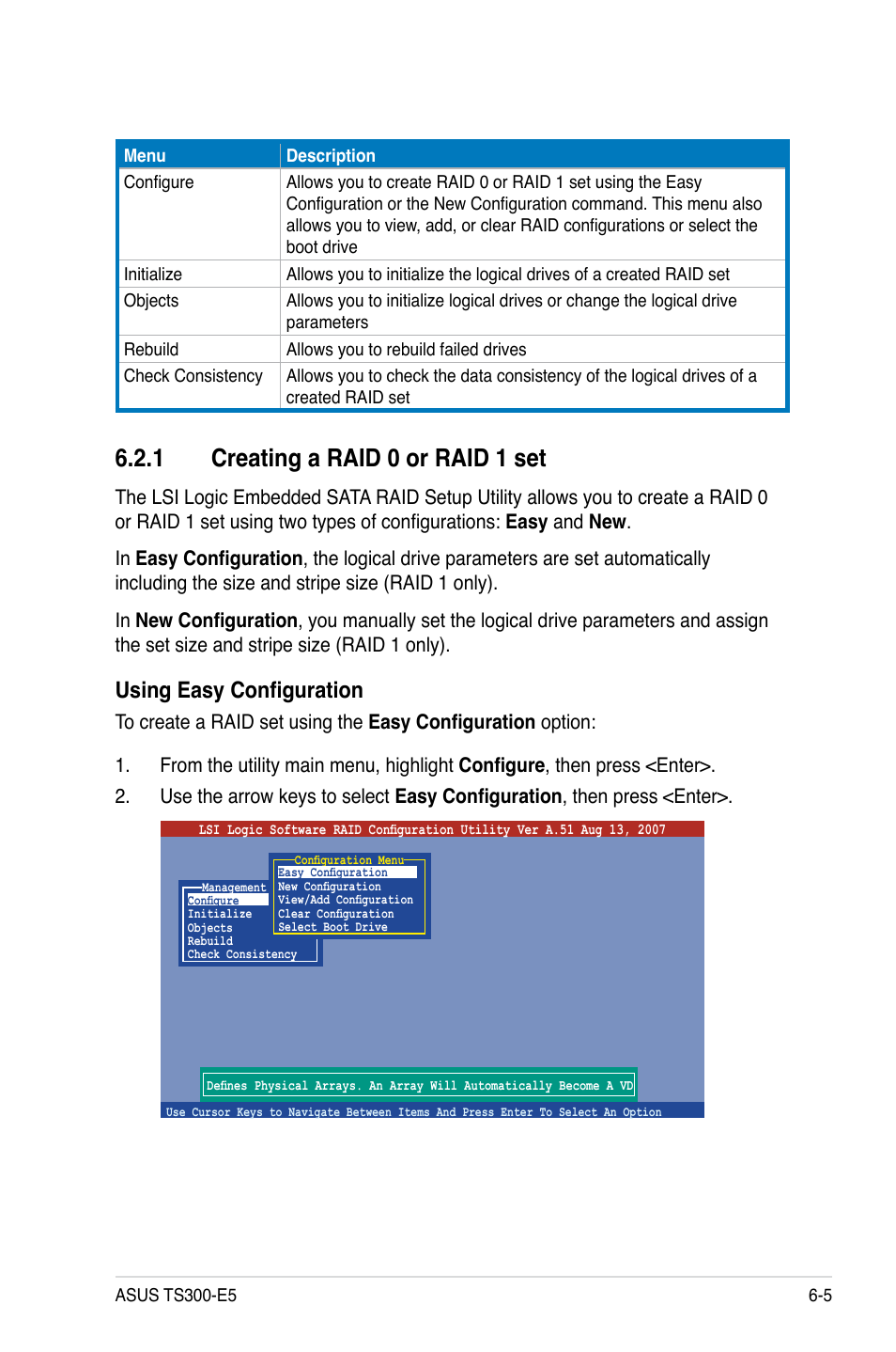 1 creating a raid 0 or raid 1 set, Creating a raid 0 or raid 1 set -5, Using easy configuration | Asus TS300-E5 User Manual | Page 131 / 218