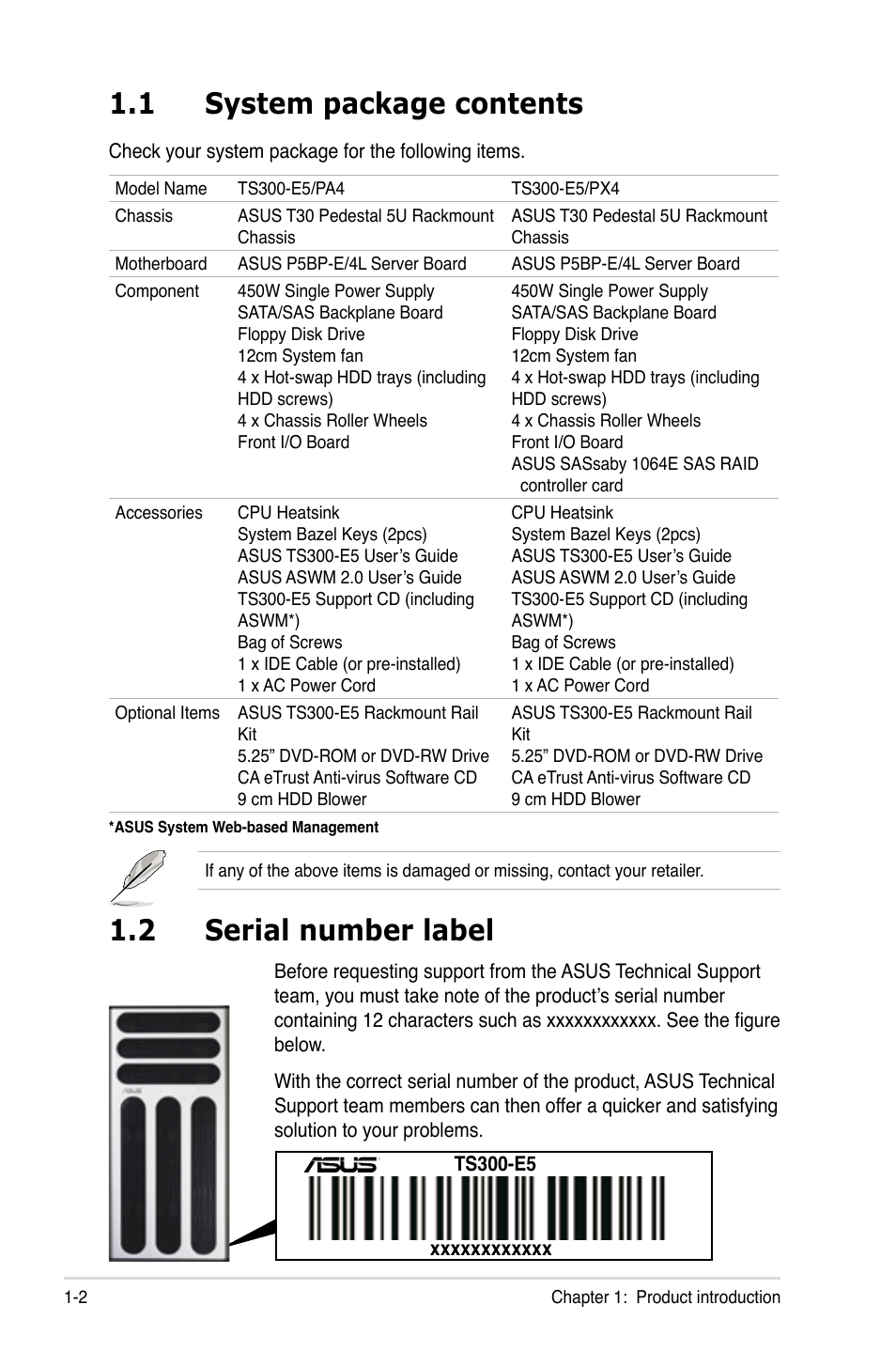 1 system package contents, 2 serial number label, System package contents | Serial number label | Asus TS300-E5 User Manual | Page 14 / 218