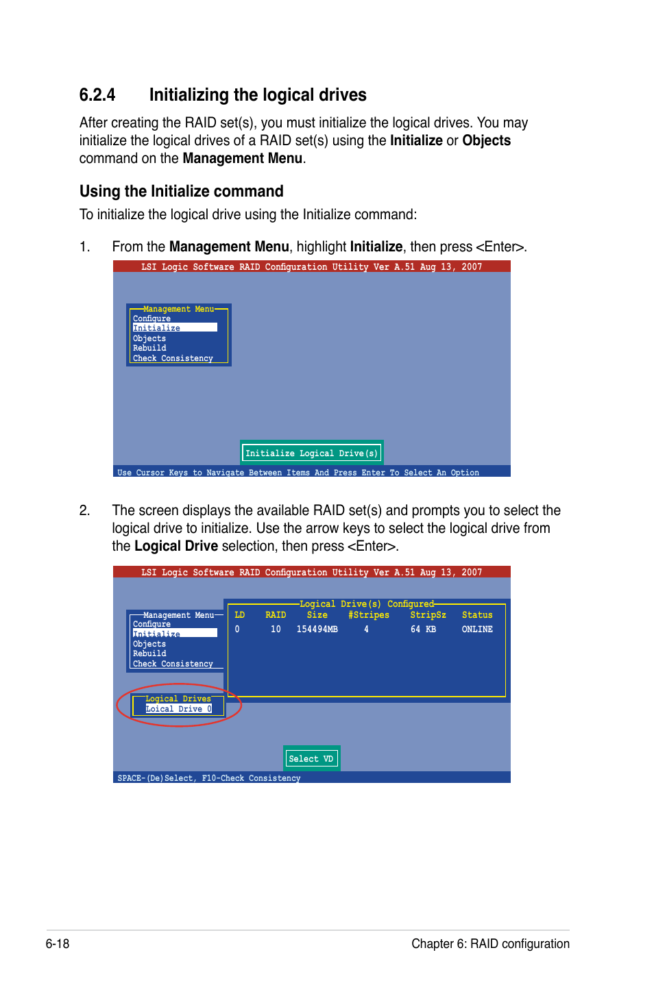 4 initializing the logical drives, Initializing the logical drives -18, Using the initialize command | Asus TS300-E5 User Manual | Page 144 / 218