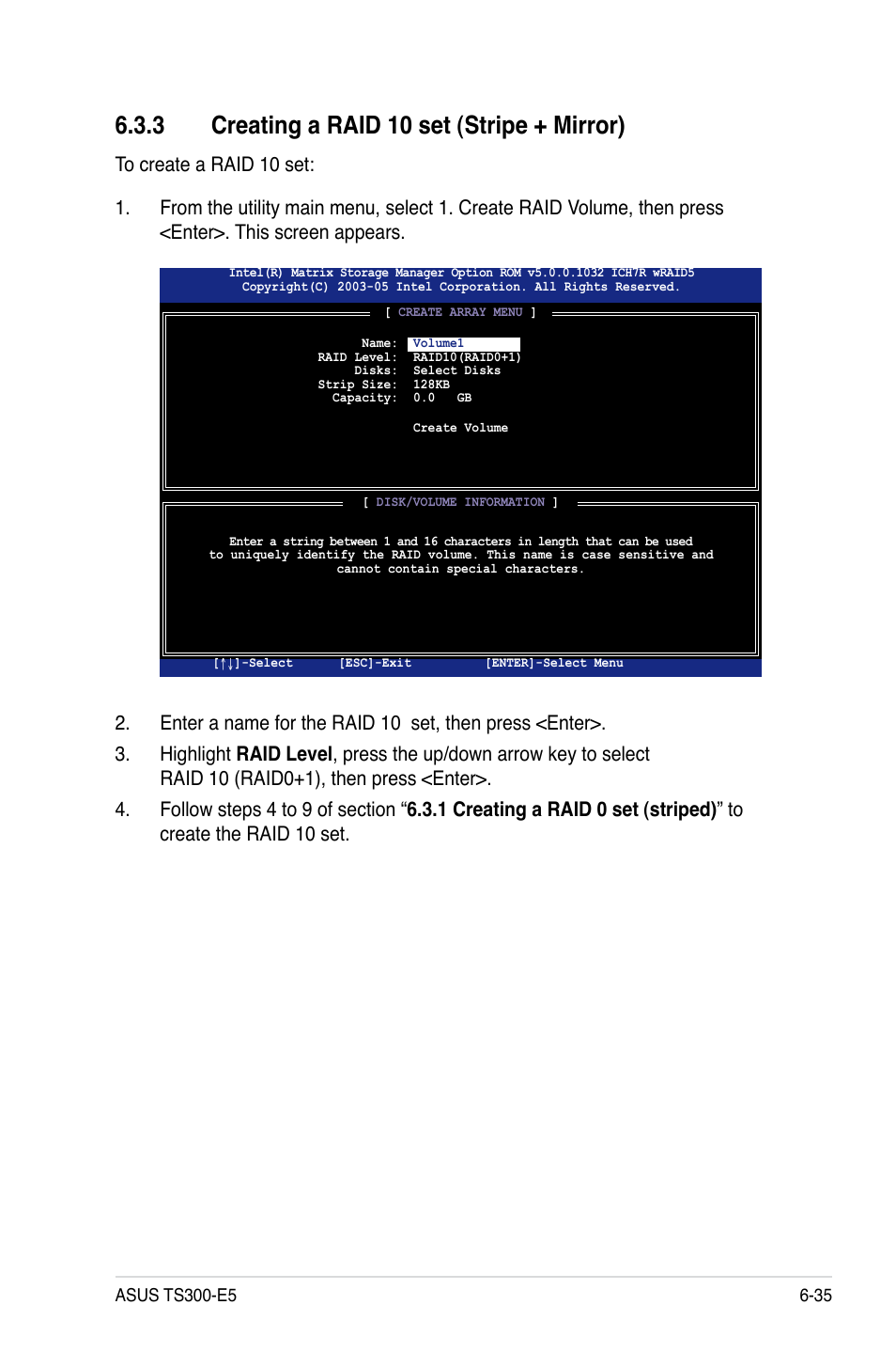 3 creating a raid 10 set (stripe + mirror), Creating a raid 10 set (stripe + mirror) -35 | Asus TS300-E5 User Manual | Page 161 / 218