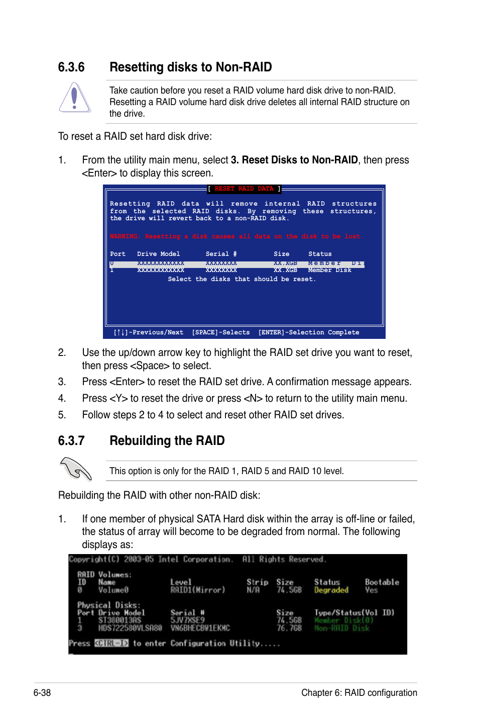 6 resetting disks to non-raid, 7 rebuilding the raid, Resetting disks to non-raid -38 | Rebuilding the raid -38 | Asus TS300-E5 User Manual | Page 164 / 218