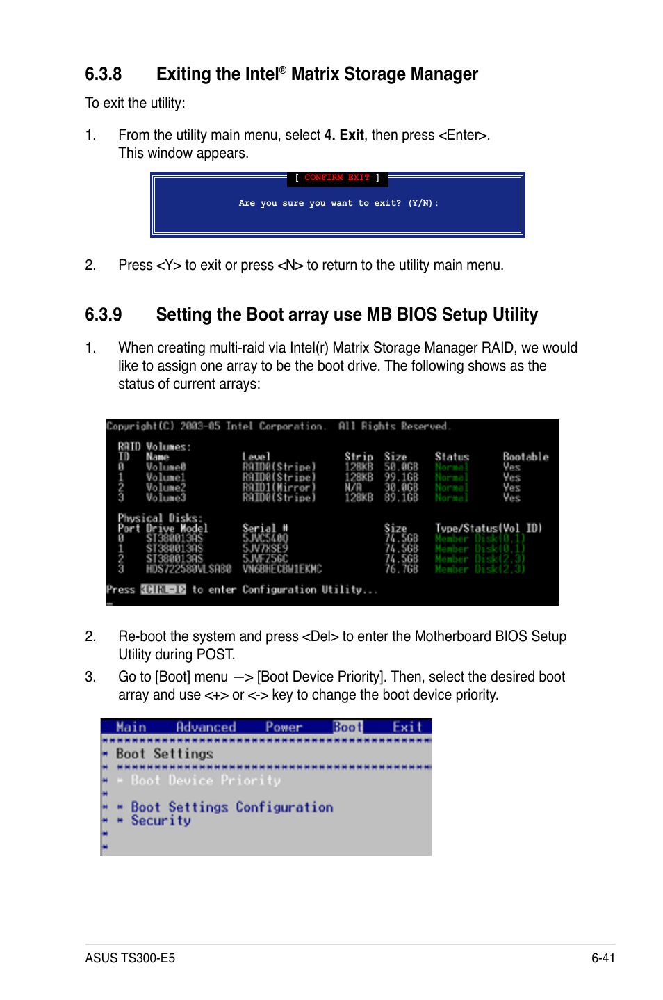 8 exiting the intel® matrix storage manager, 9 setting the boot array use mb bios setup utility, Exiting the intel | Matrix storage manager -41, 8 exiting the intel, Matrix storage manager | Asus TS300-E5 User Manual | Page 167 / 218