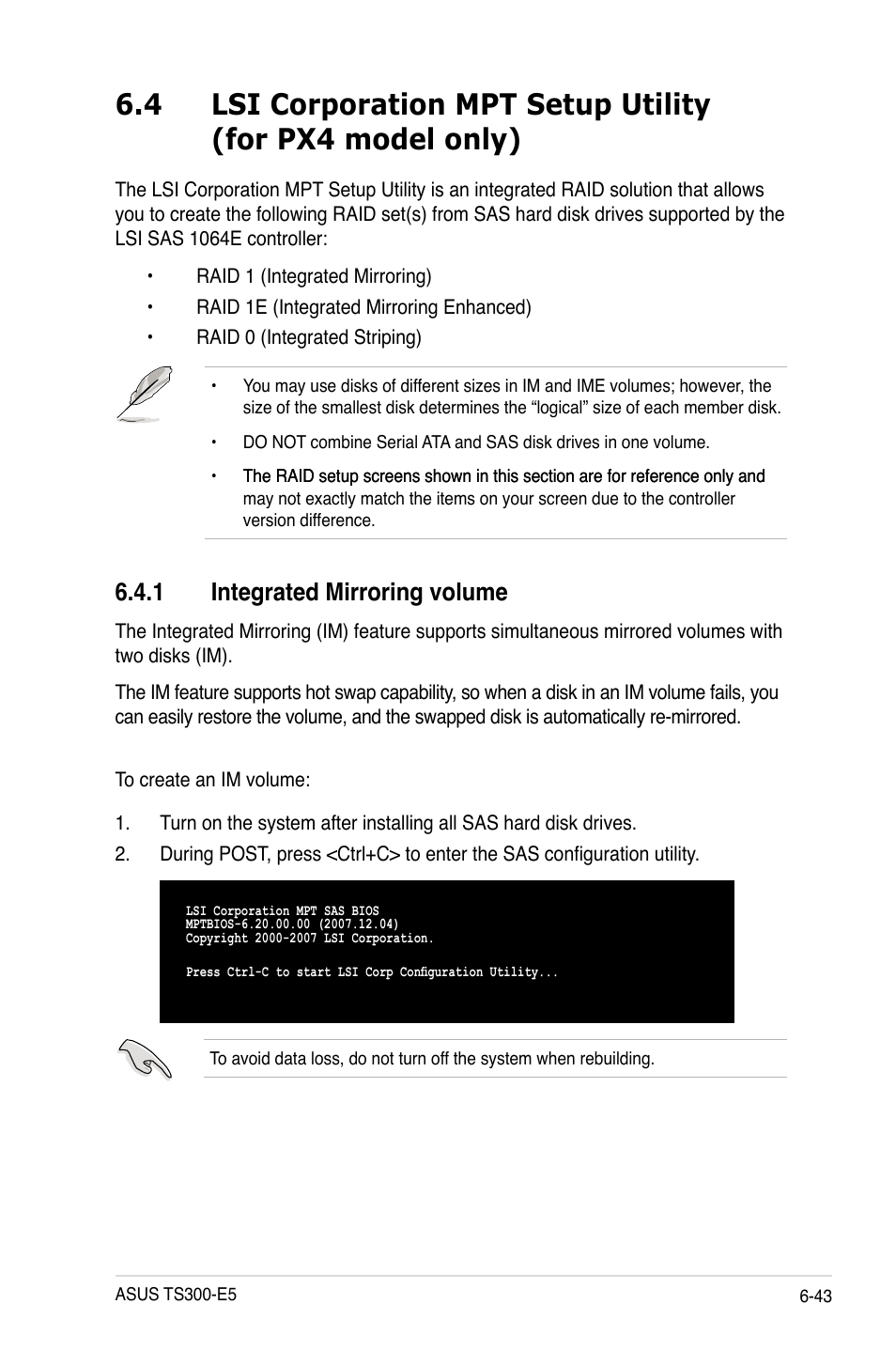 1 integrated mirroring volume, Lsi corporation mpt setup utility, For px4 model only) -43 6.4.1 | Integrated mirroring volume -43 | Asus TS300-E5 User Manual | Page 169 / 218