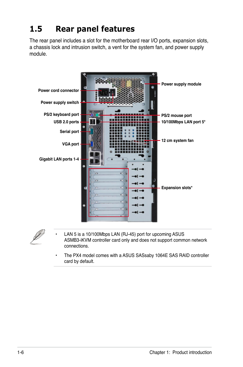 5 rear panel features, Rear panel features | Asus TS300-E5 User Manual | Page 18 / 218