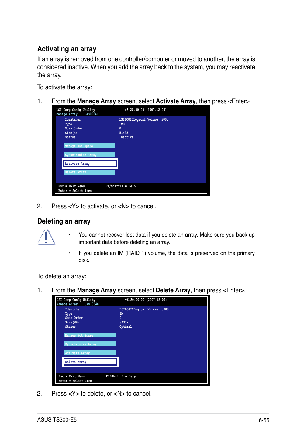 Activating an array, Deleting an array | Asus TS300-E5 User Manual | Page 181 / 218