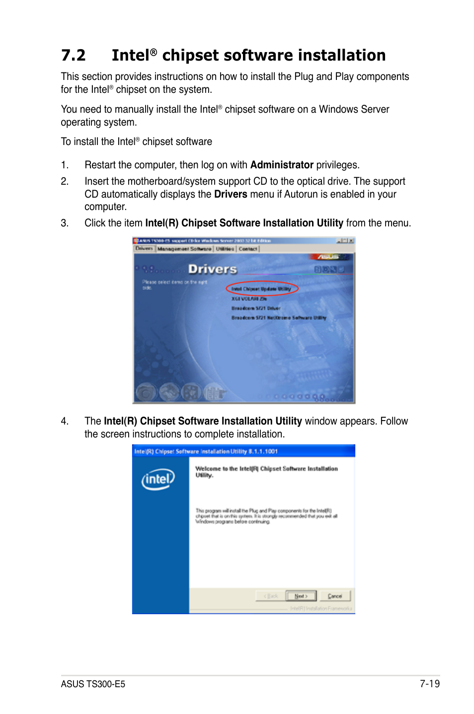 2 intel® chipset software installation, Intel, Chipset software installation -19 | 2 intel, Chipset software installation | Asus TS300-E5 User Manual | Page 205 / 218