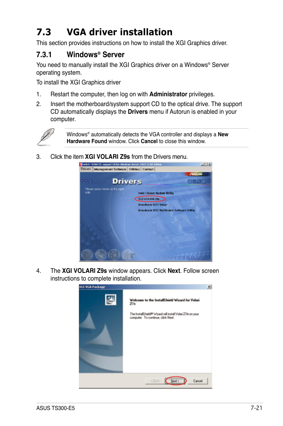 3 vga driver installation, 1 windows® server, Vga driver installation -21 7.3.1 | Windows, Server -21, 1 windows, Server | Asus TS300-E5 User Manual | Page 207 / 218