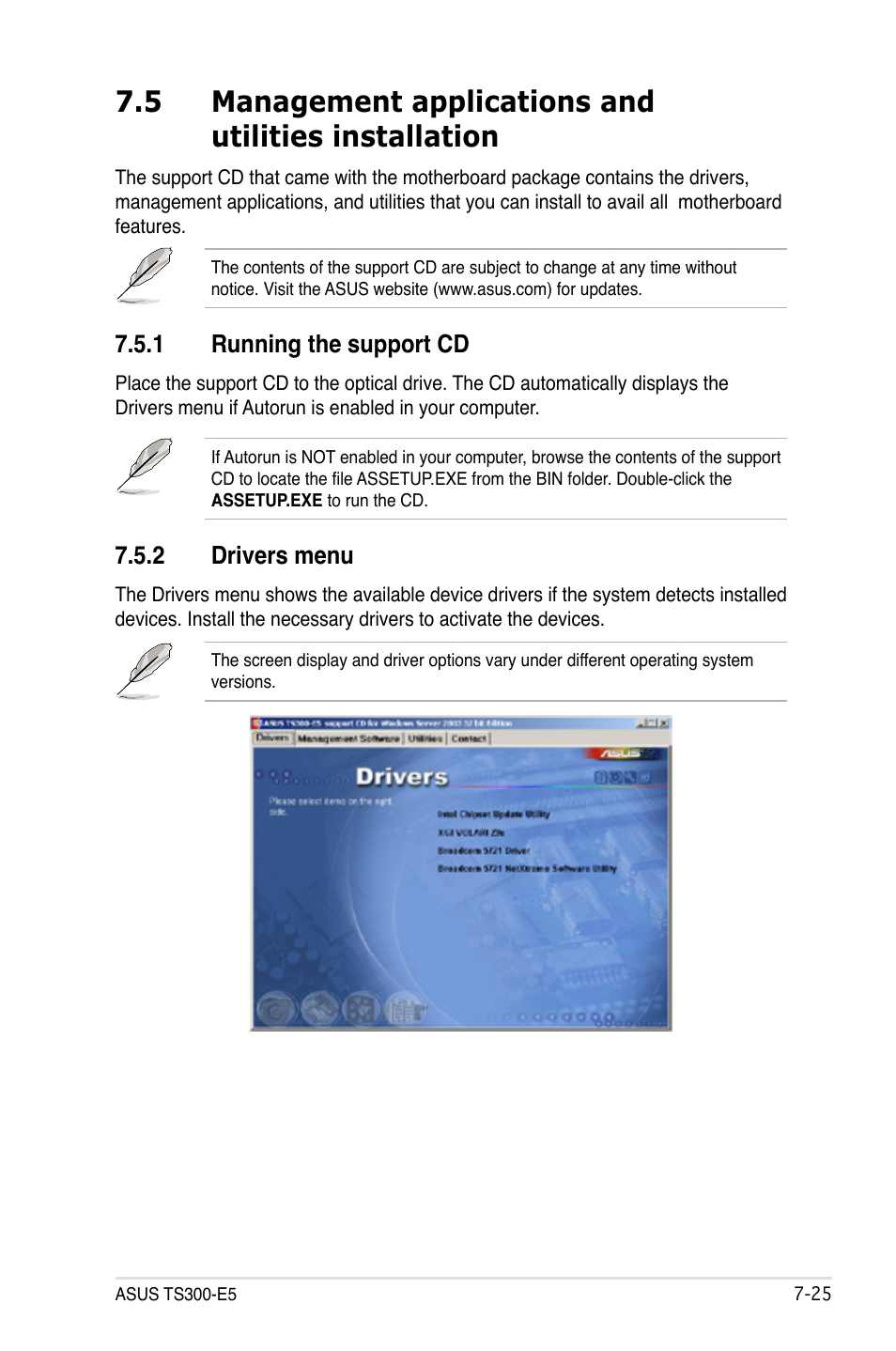 1 running the support cd, 2 drivers menu, Running the support cd -25 | Drivers menu -25 | Asus TS300-E5 User Manual | Page 211 / 218