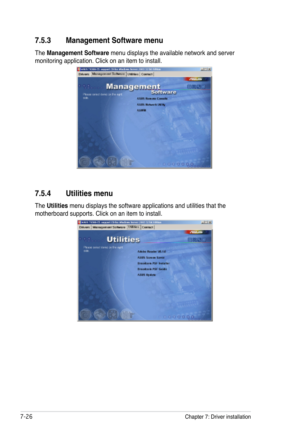 3 management software menu, 4 utilities menu, Management software menu -26 | Utilities menu -26 | Asus TS300-E5 User Manual | Page 212 / 218