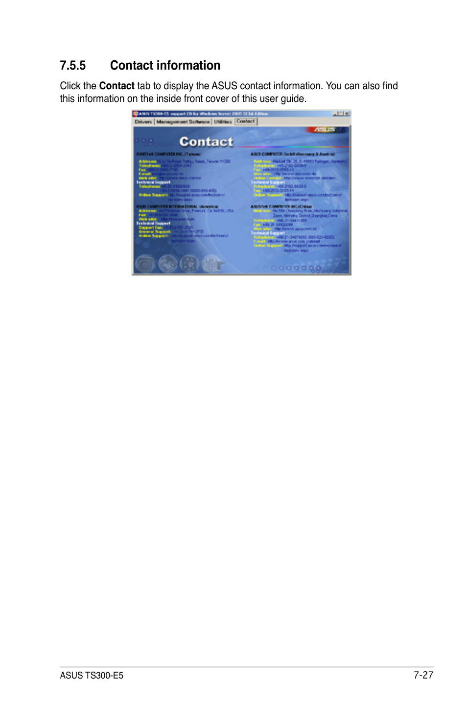 5 contact information, Contact information -27 | Asus TS300-E5 User Manual | Page 213 / 218