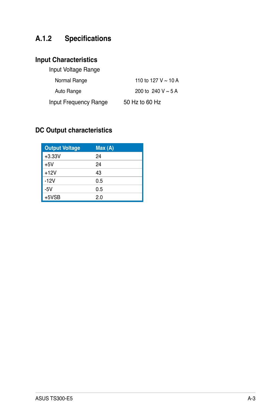 A.1.2 specifications, A.1.2, Dc output characteristics | Input characteristics | Asus TS300-E5 User Manual | Page 217 / 218