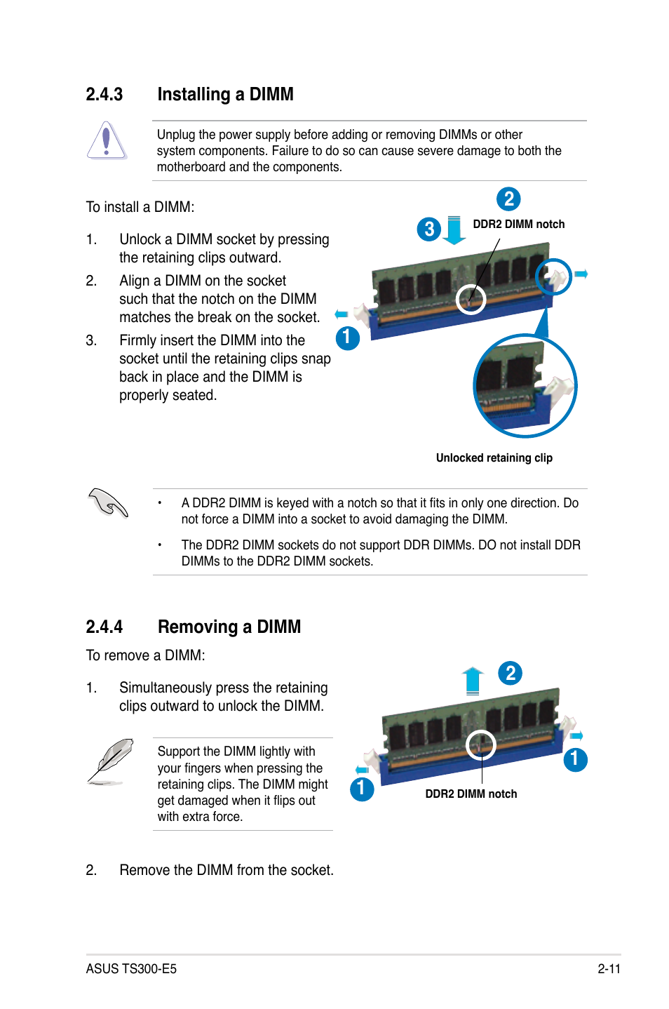 3 installing a dimm, 4 removing a dimm, Installing a dimm -11 | Removing a dimm -11 | Asus TS300-E5 User Manual | Page 33 / 218