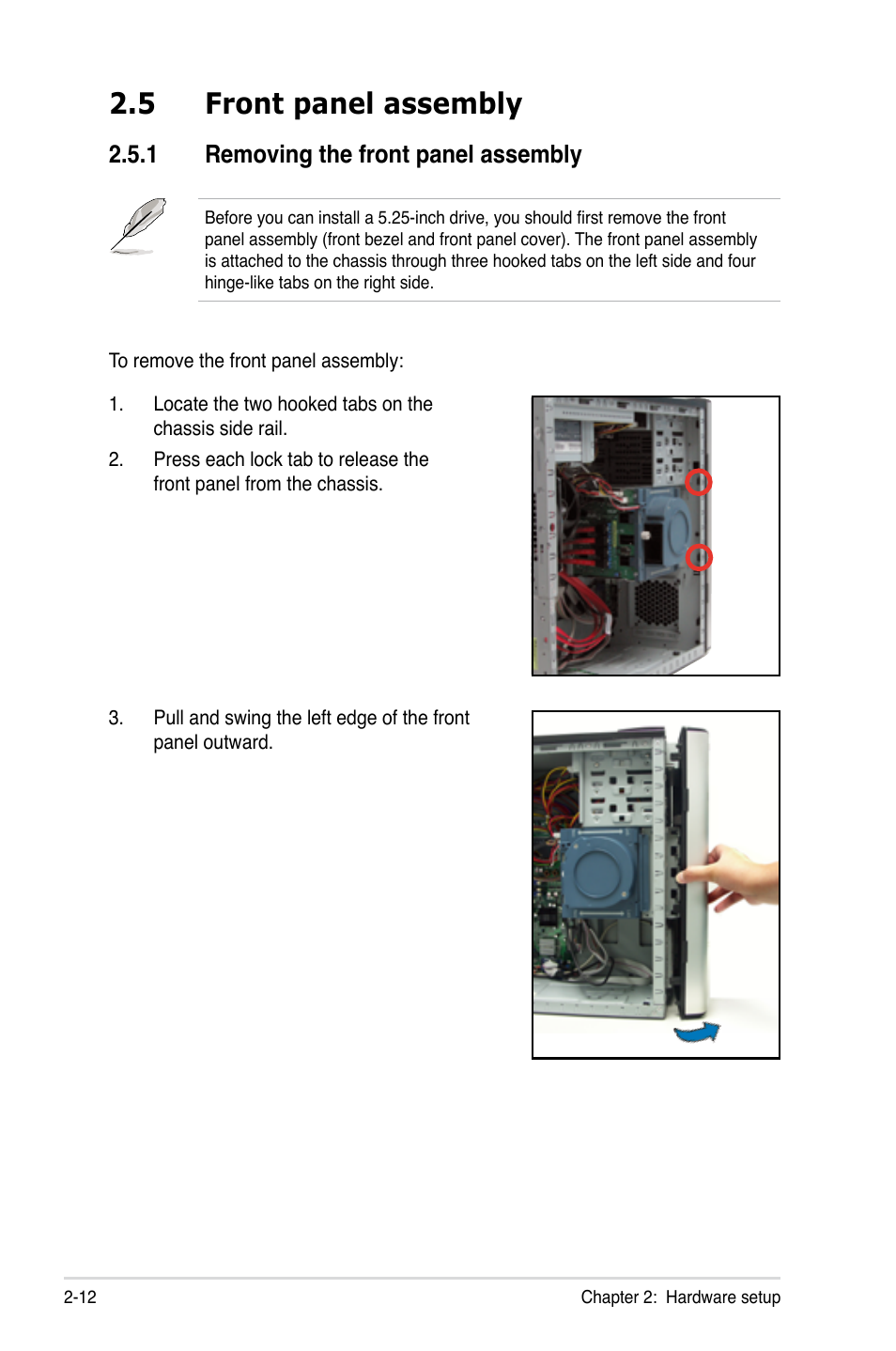 5 front panel assembly, 1 removing the front panel assembly, Front panel assembly -12 2.5.1 | Removing the front panel assembly -12 | Asus TS300-E5 User Manual | Page 34 / 218