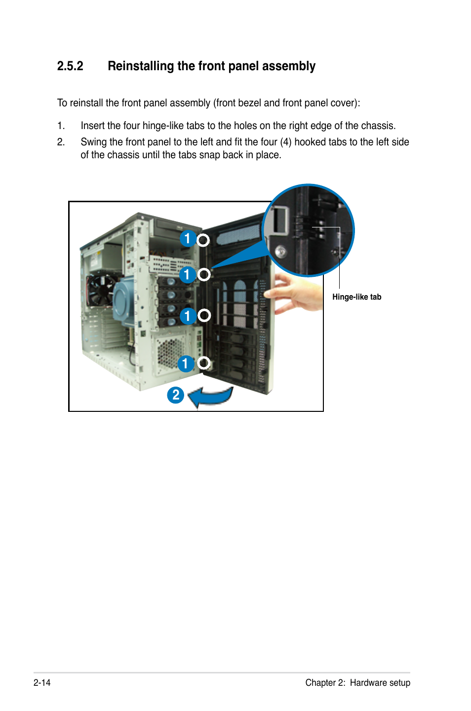 2 reinstalling the front panel assembly, Reinstalling the front panel assembly -14 | Asus TS300-E5 User Manual | Page 36 / 218