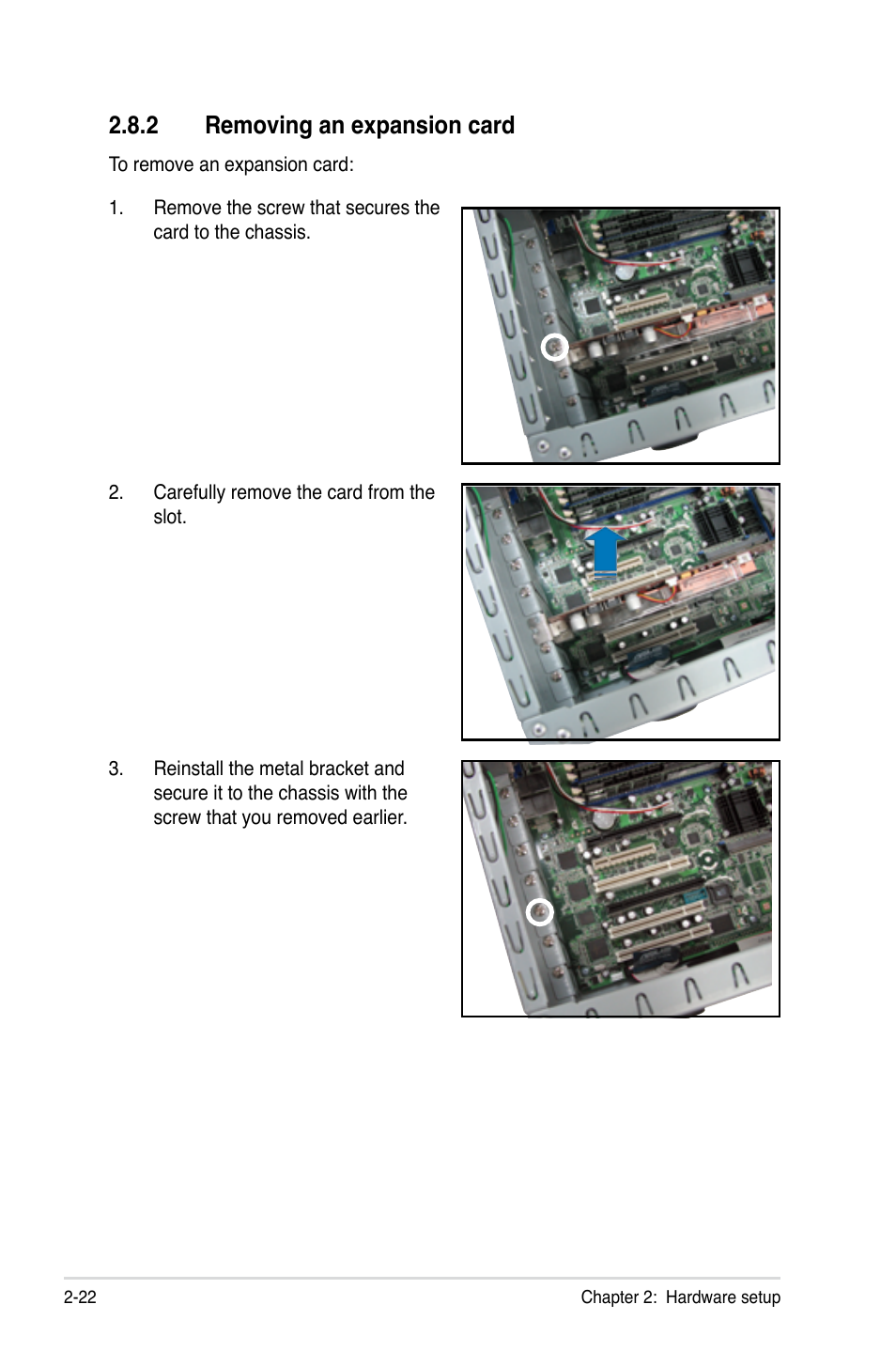 2 removing an expansion card, Removing an expansion card -22 | Asus TS300-E5 User Manual | Page 44 / 218