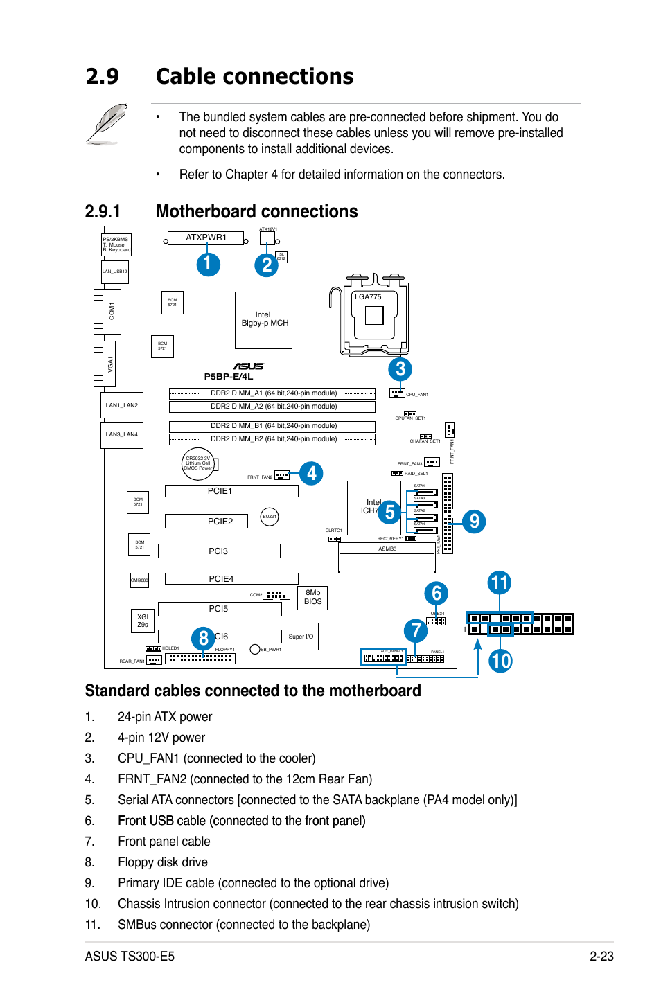 9 cable connections, 1 motherboard connections, Cable connections -23 2.9.1 | Motherboard connections -23, Standard cables connected to the motherboard | Asus TS300-E5 User Manual | Page 45 / 218