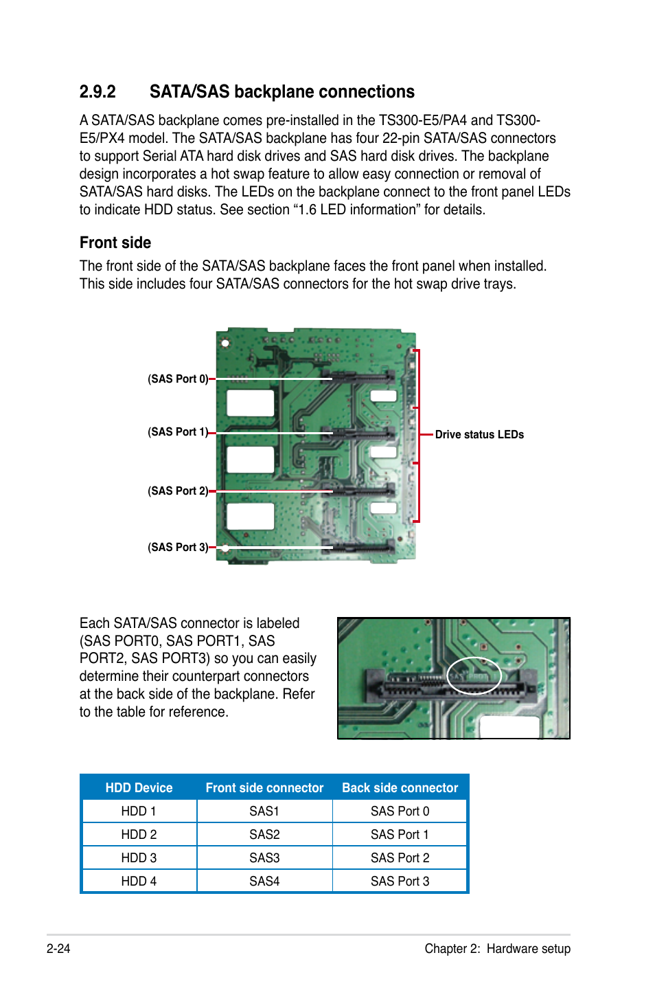 2 sata/sas backplane connections, Sata/sas backplane connections -24, Front side | Asus TS300-E5 User Manual | Page 46 / 218