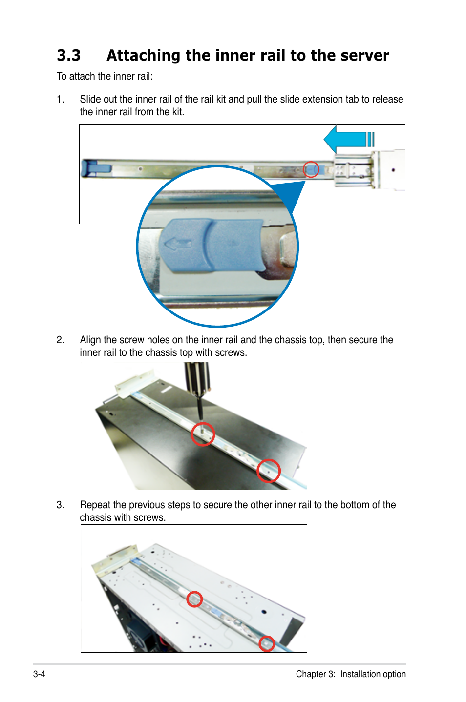 3 attaching the inner rail to the server, Attaching the inner rail to the server -4 | Asus TS300-E5 User Manual | Page 70 / 218