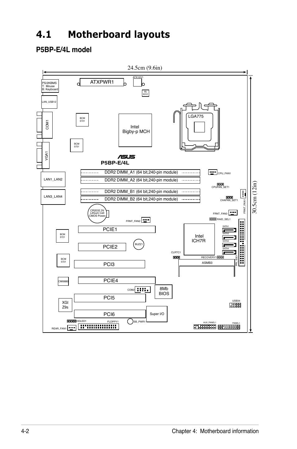 1 motherboard layouts, Motherboard layouts -2, P5bp-e/4l model | Chapter 4: motherboard information 4-2, Atxpwr1, P5bp-e/4l | Asus TS300-E5 User Manual | Page 78 / 218