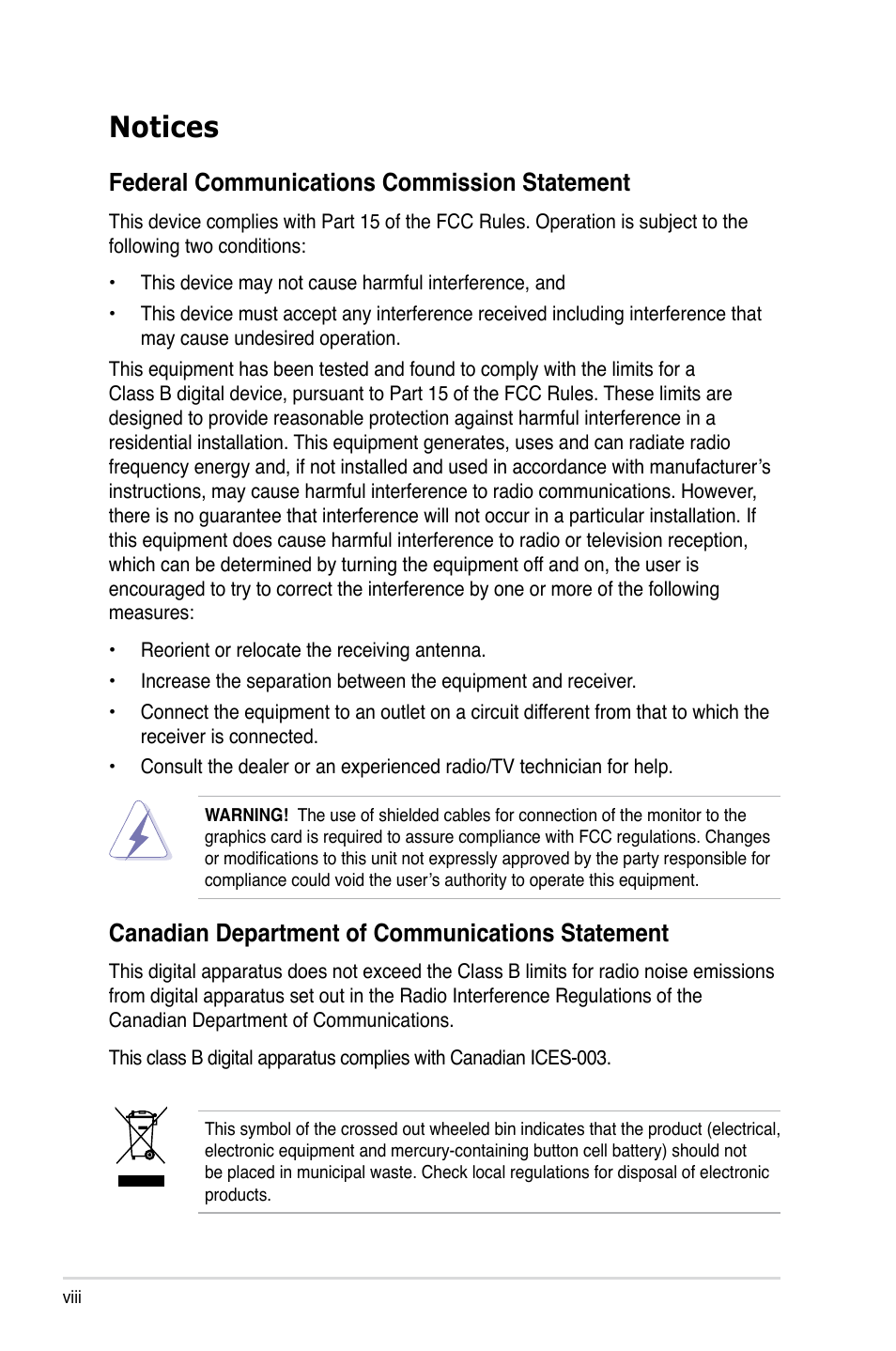 Notices, Federal communications commission statement, Canadian department of communications statement | Asus TS300-E5 User Manual | Page 8 / 218