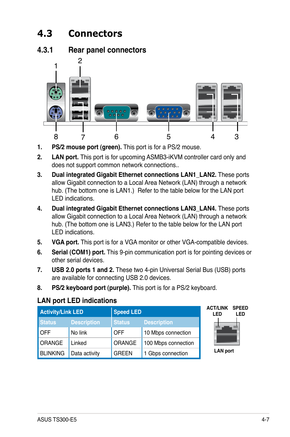 3 connectors, 1 rear panel connectors, Connectors -7 4.3.1 | Rear panel connectors -7 | Asus TS300-E5 User Manual | Page 83 / 218