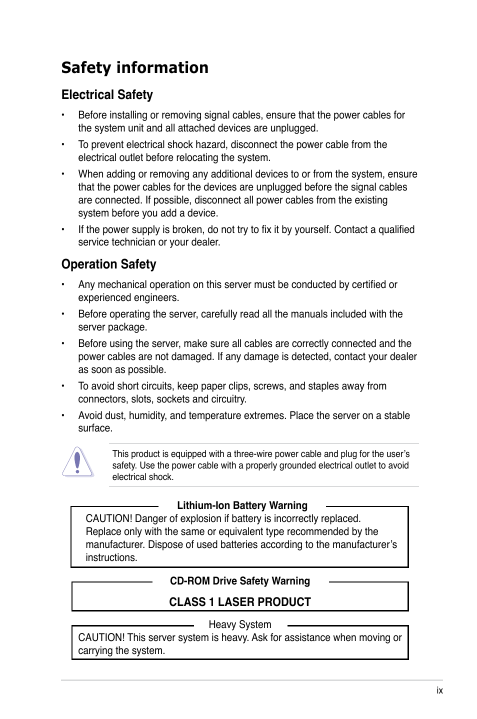 Safety information, Electrical safety, Operation safety | Asus TS300-E5 User Manual | Page 9 / 218