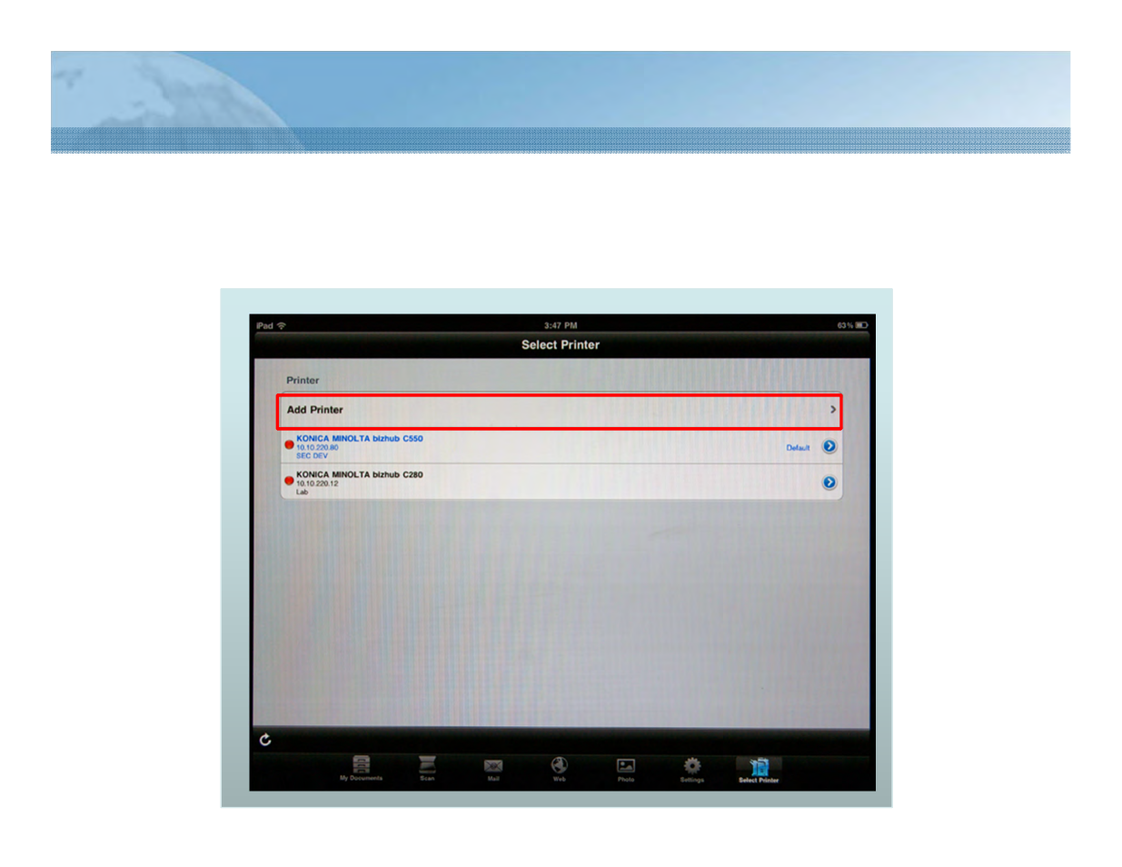 4 connect to a printer (3/10) | Konica Minolta PageScope Mobile User Manual | Page 24 / 69