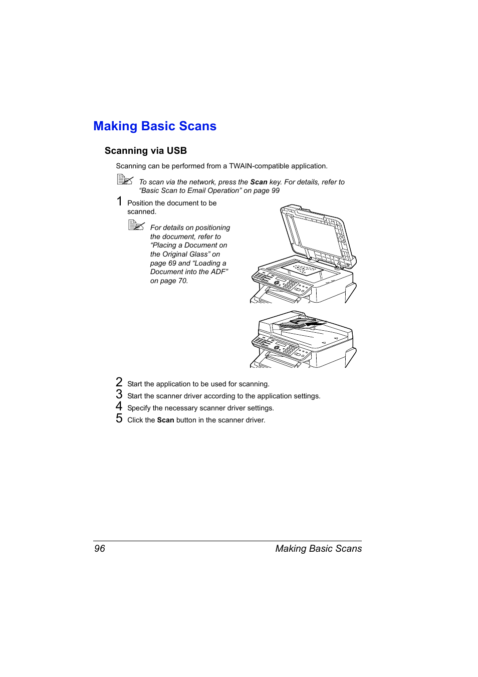 Making basic scans, Scanning via usb, Making basic scans 96 | Scanning via usb 96 | Konica Minolta Magicolor 2490MF User Manual | Page 108 / 214