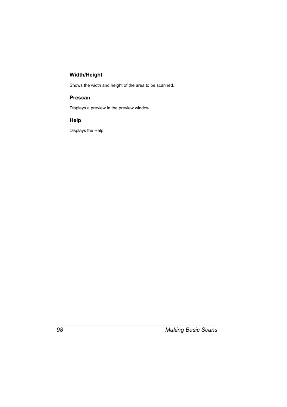 Width/height, Prescan, Help | Width/height 98 prescan 98 help 98 | Konica Minolta Magicolor 2490MF User Manual | Page 110 / 214