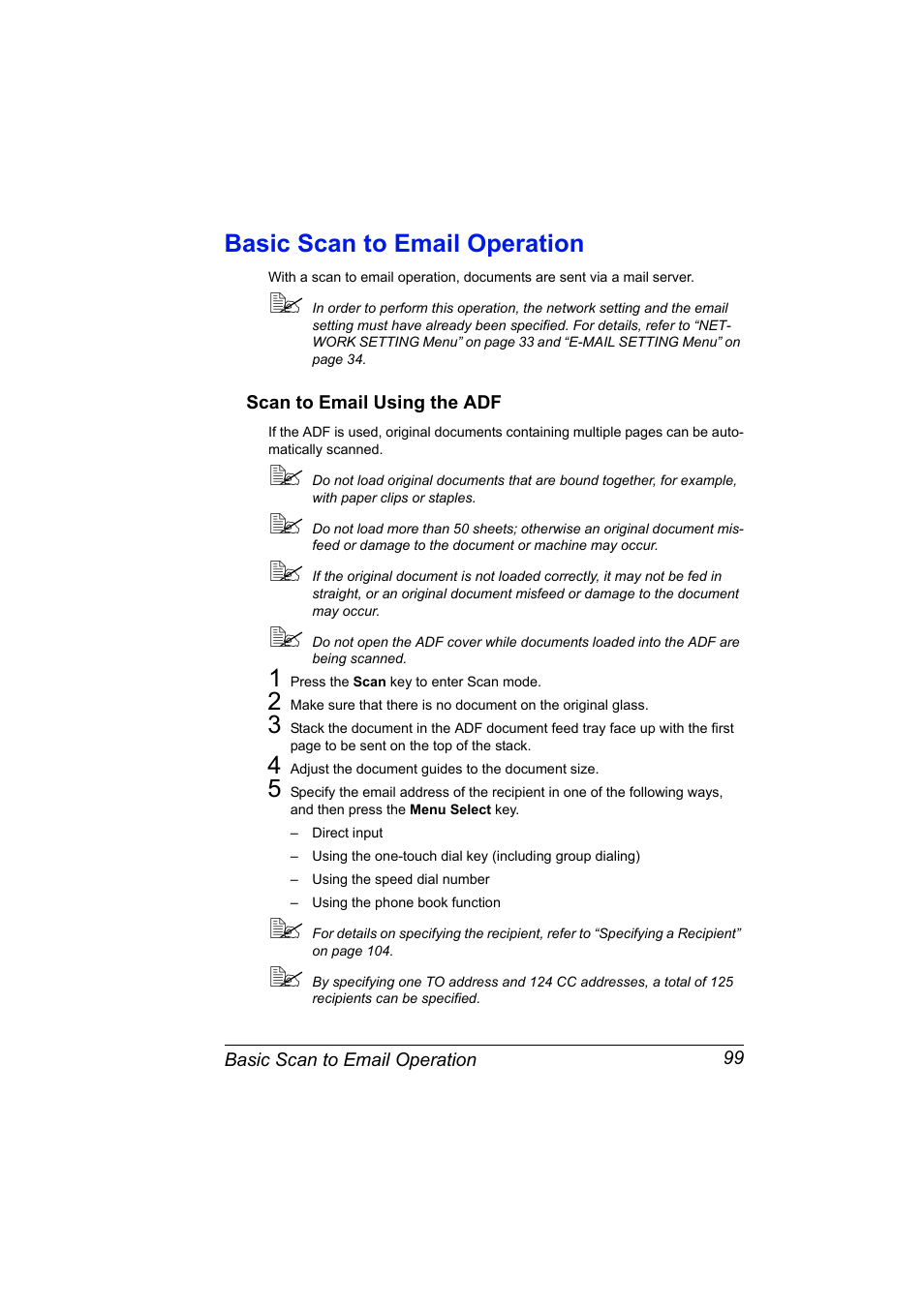 Basic scan to email operation, Scan to email using the adf, Basic scan to email operation 99 | Scan to email using the adf 99 | Konica Minolta Magicolor 2490MF User Manual | Page 111 / 214