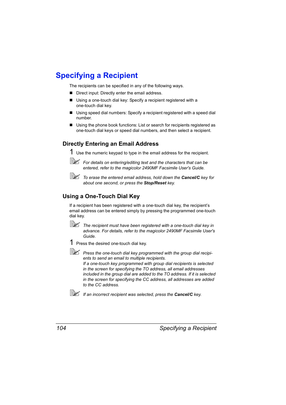 Specifying a recipient, Directly entering an email address, Using a one-touch dial key | Specifying a recipient 104 | Konica Minolta Magicolor 2490MF User Manual | Page 116 / 214