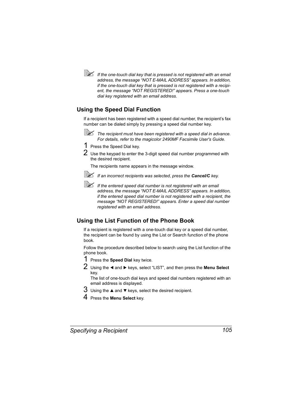 Using the speed dial function, Using the list function of the phone book | Konica Minolta Magicolor 2490MF User Manual | Page 117 / 214