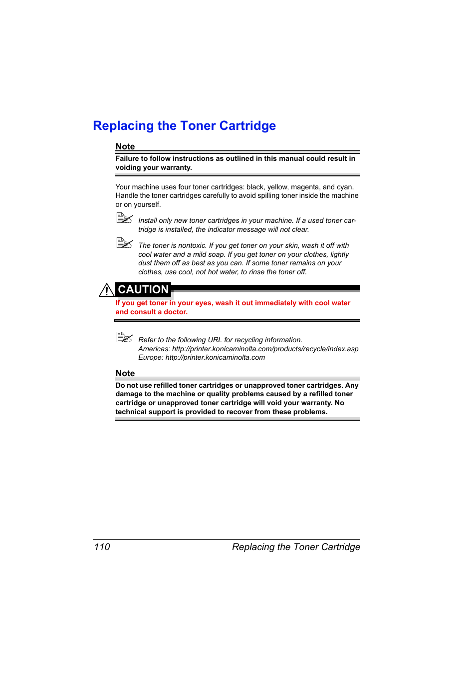 Replacing the toner cartridge, Replacing the toner cartridge 110 | Konica Minolta Magicolor 2490MF User Manual | Page 122 / 214