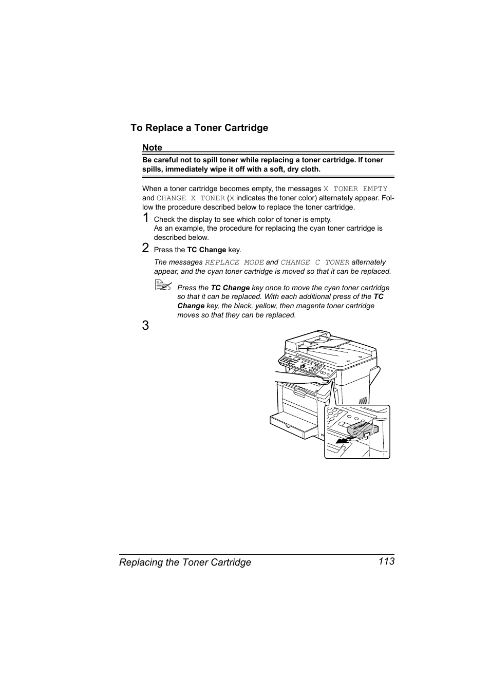 To replace a toner cartridge, To replace a toner cartridge 113 | Konica Minolta Magicolor 2490MF User Manual | Page 125 / 214