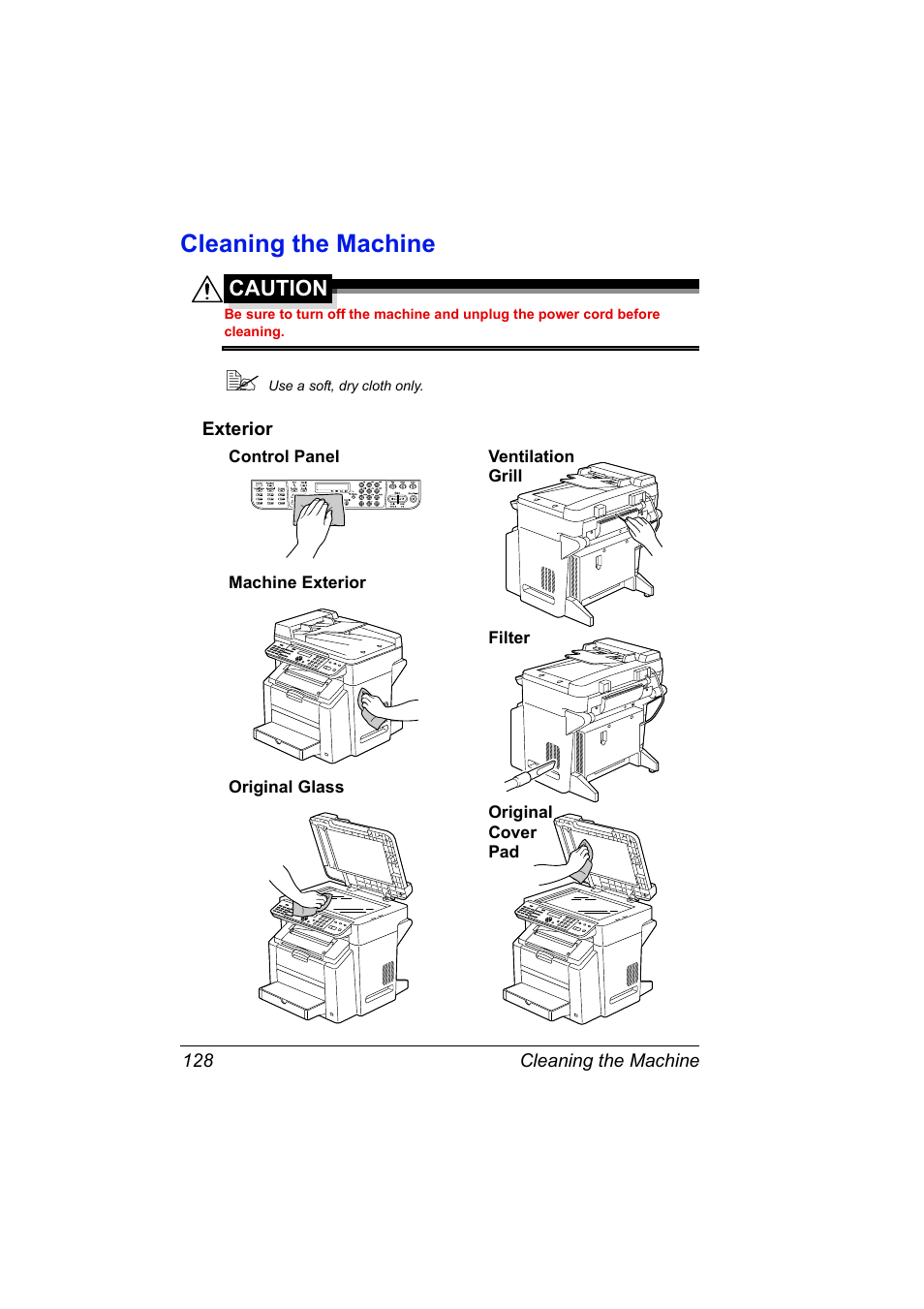 Cleaning the machine, Exterior, Cleaning the machine 128 | Exterior 128 | Konica Minolta Magicolor 2490MF User Manual | Page 140 / 214