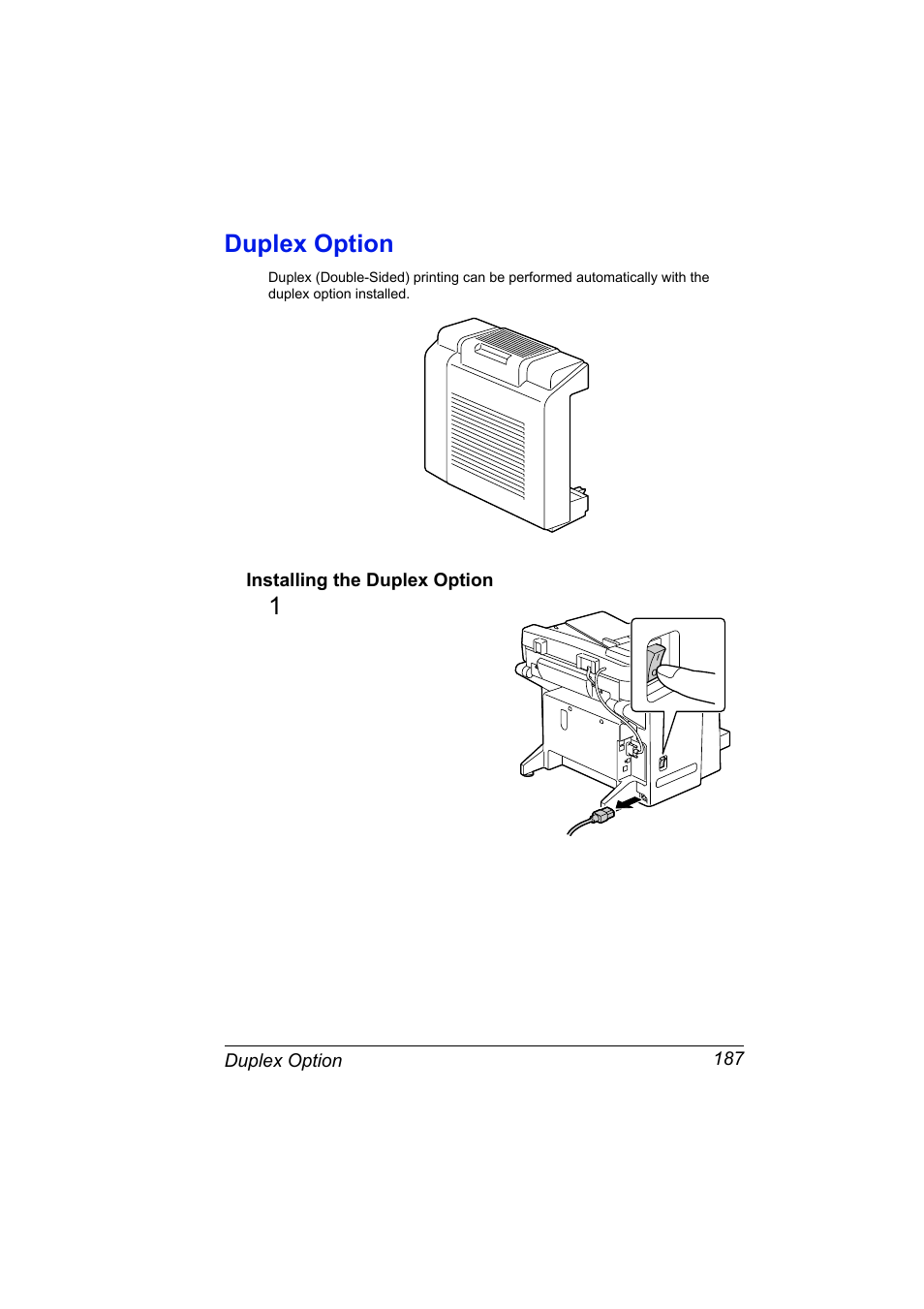 Duplex option, Installing the duplex option, Duplex option 187 | Installing the duplex option 187 | Konica Minolta Magicolor 2490MF User Manual | Page 199 / 214