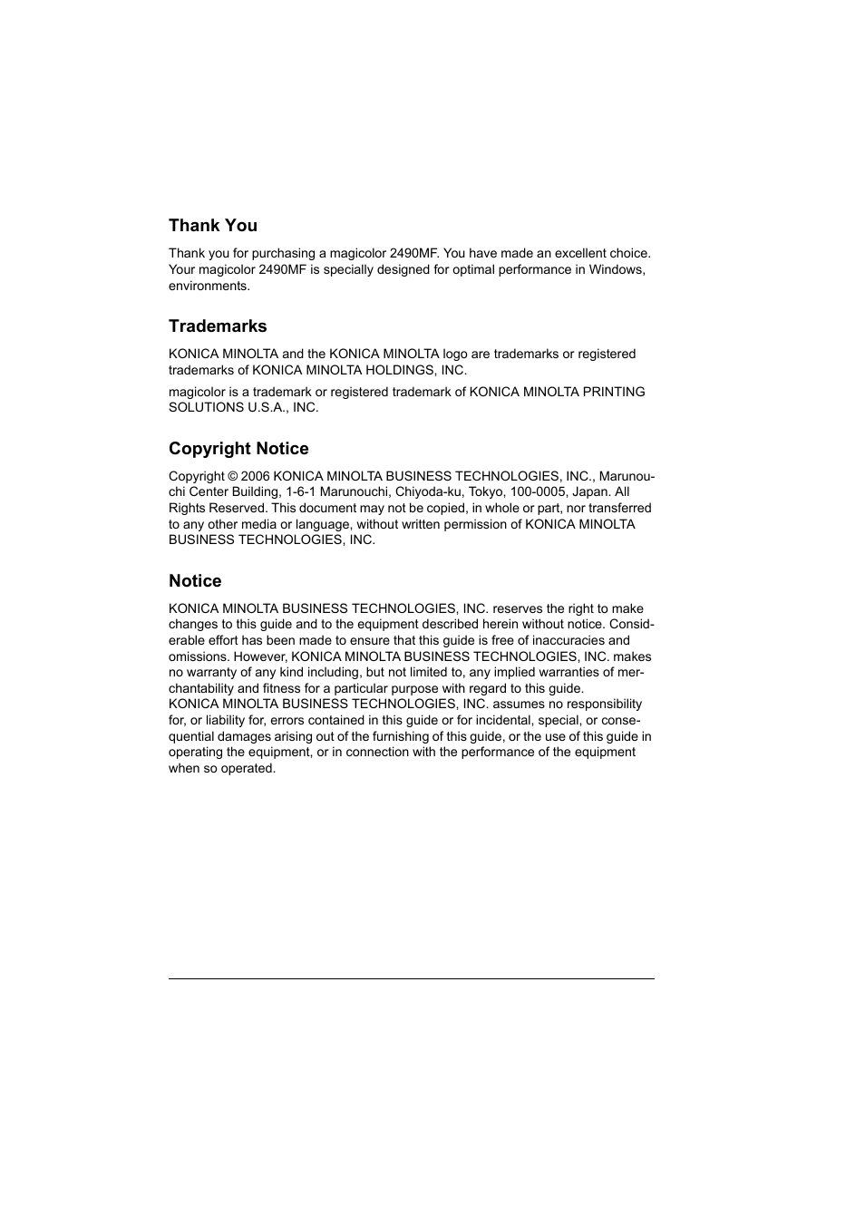 Thank you, Trademarks, Copyright notice | Notice | Konica Minolta Magicolor 2490MF User Manual | Page 2 / 214